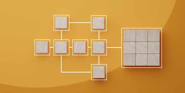 Foto cubi con linee che collegano diagrammi su sfondo giallo flusso di lavoro e diagramma di flusso di automazione dei processi cubi di legno che rappresentano la gestione del processo di lavoro e l'icona di destinazione su sfondo arancione