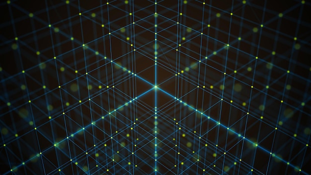 Cubic abstract background with bright lines and dots Illustration of big data Network connection Internet connection Cubic network 3d rendering