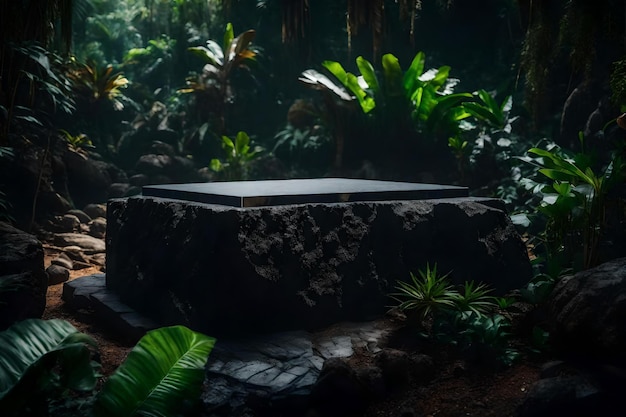 熱帯林の超現実的な素材の結晶を備えた立方体の黒い岩の表彰台の背景