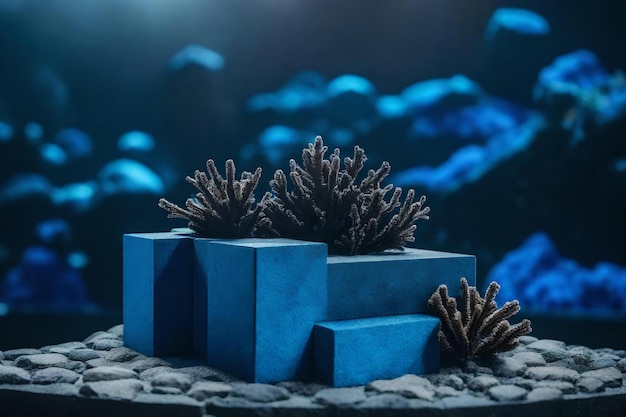 Cubic black rock podium scenery with blue corals in the street hyperrealistic materials