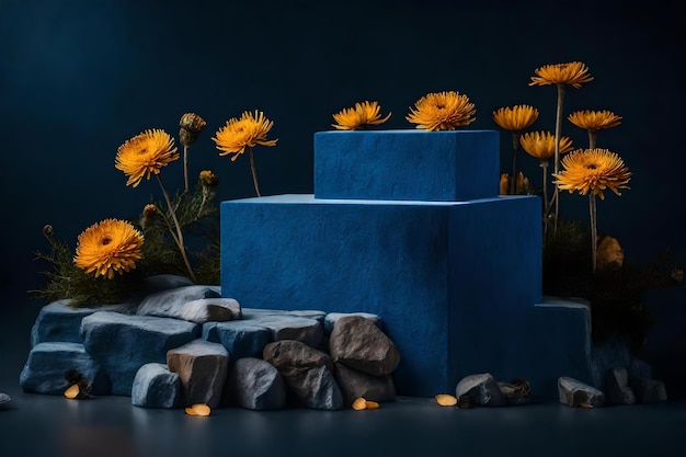 Cubic blue rock podium composition with dried chrysanthemum in the photo studio hyperrealistic materials