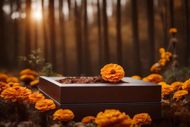 Cubic brown plastic cosmetic podium composition with dried marigold flower in the forest hyperrealistic materials