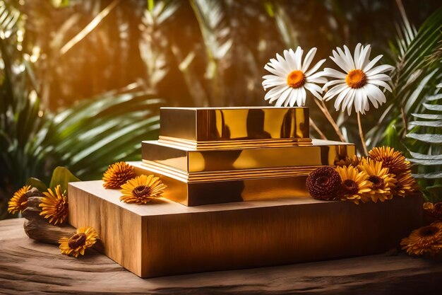Cubic golden wooden cosmetic podium background with dried daisy in the tropical forest hyperrealistic materials