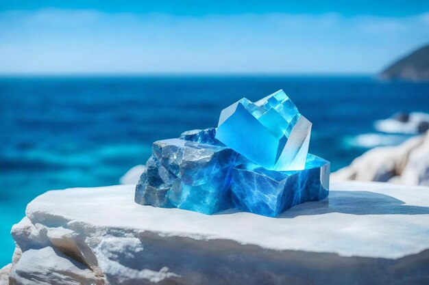 Cubic iridescent rock podium scenery with blue calcite by the sea hyperrealistic materials