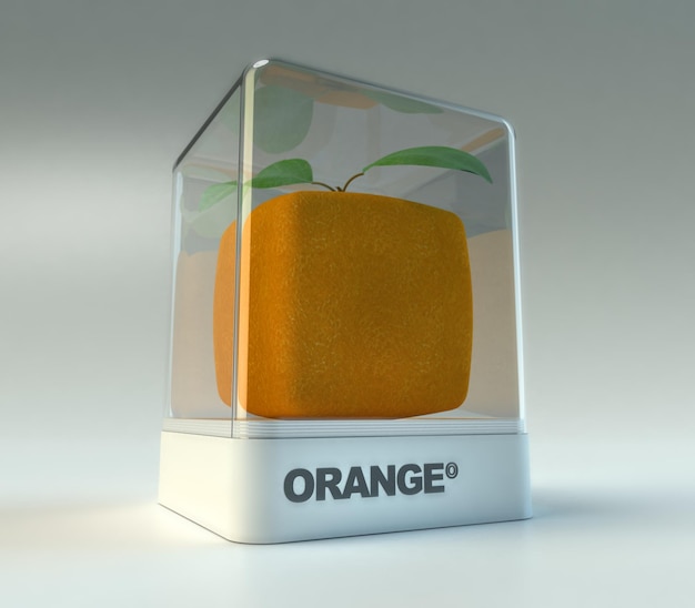 A cubic orange in a showcase