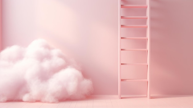 Photo cubic pedestal with fluffy cloud ladder 3d render