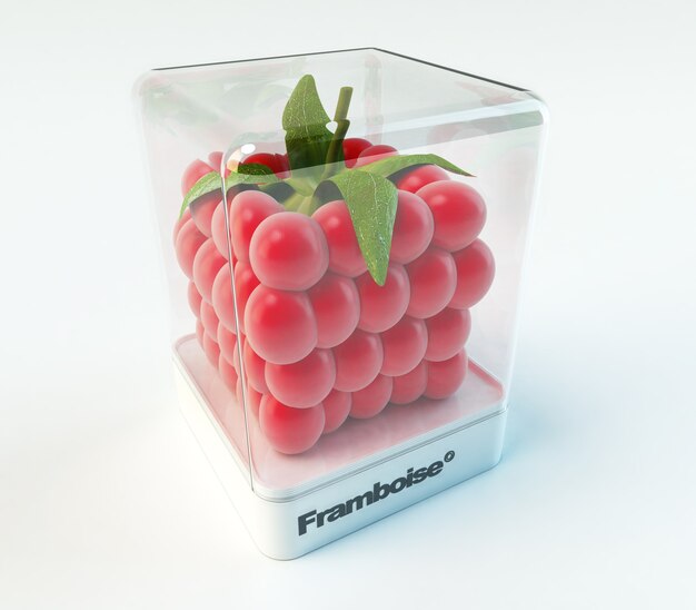 A cubic raspberry in a showcase with the word framboise  (French)