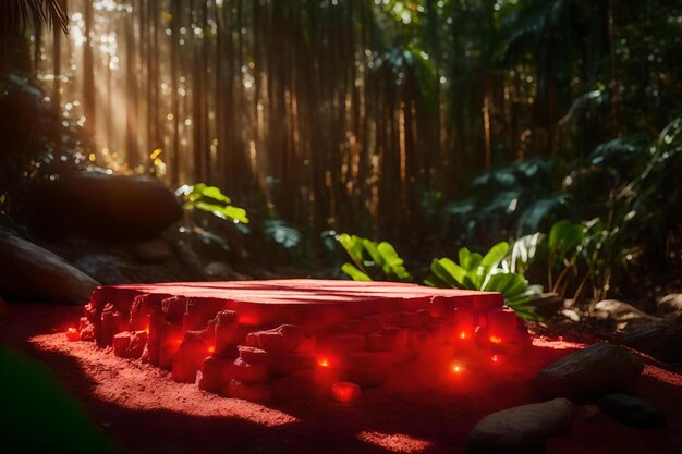 Cubic red rock cosmetic podium background with glowing ember in the tropical forest hyperrealistic materials