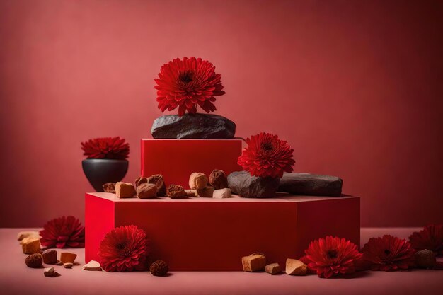 Cubic red rock cosmetic podium composition with dried chrysanthemum in the photo studio hyperrealistic materials