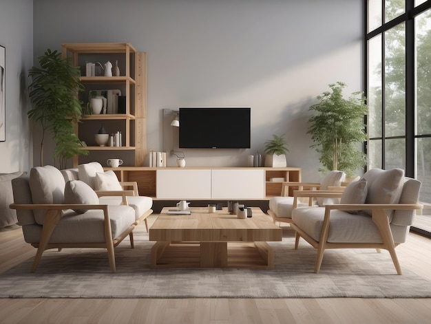 Cubic wooden coffee table between white sofa and armchairs Scandinavian style home