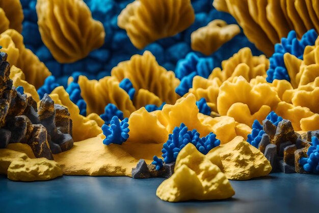 Cubic yellow rock cosmetic podium background with blue corals in the street hyperrealistic materials