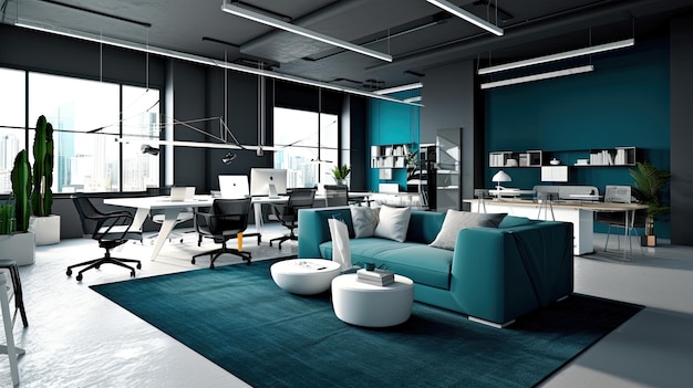 Фото Кубические офисные помещения с голубыми и белыми плитками на полу и открытыми окнами