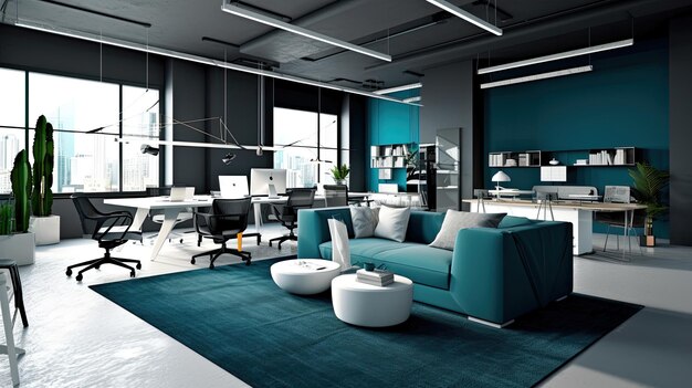 Foto spazio per uffici cubico con pavimenti in piastrelle blu e bianche e finestre aperte