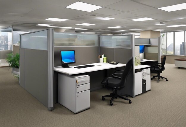 a cubicle with a computer and a monitor on the desk