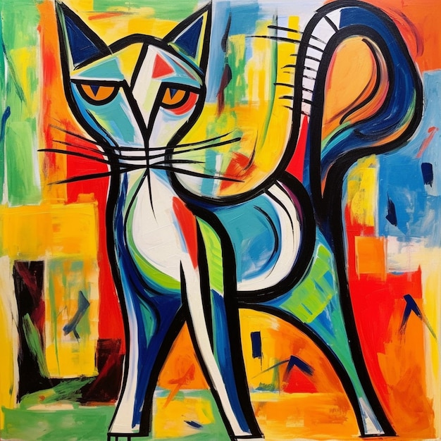 Cubism style painting of a cat