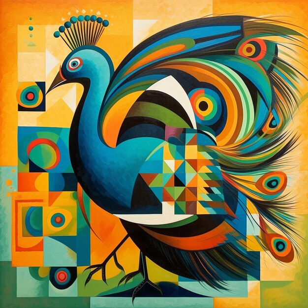 Cubism style painting of a peacock