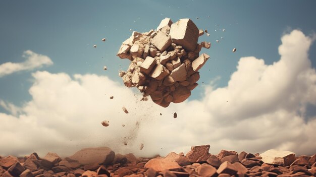 Photo cubist deconstruction crumpled rocks falling over cloud background