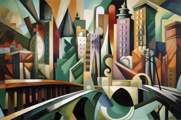 Cubist painting of cityscape with skyscrapers and bridges visible created with generative ai