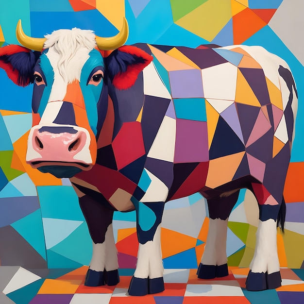 A cubiststyle cow with a mosaic of colors and shapes