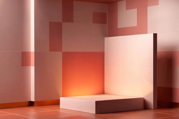 Foto cubprodue plank podium in de hoek met lijnen patroon op de muur scène kamer interieur lege muur boog