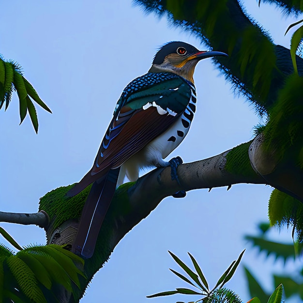 A cuckoo bird is sitting on a big tree branch