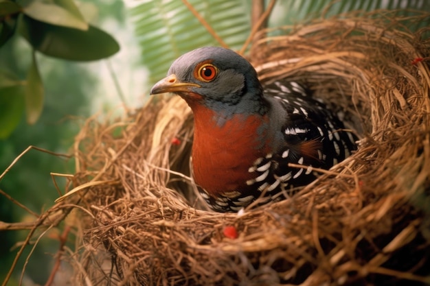 生成 AI で作成された別の鳥の巣に卵を産むカッコウの鳥