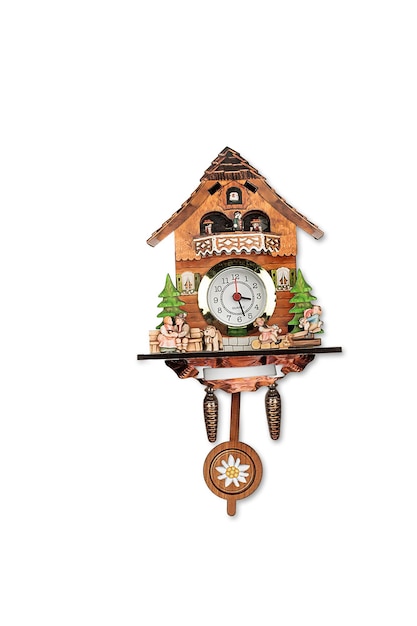 Photo cuckoo clock isolated on white. gift ideas for christmas, easter, summer, holidays, birthdays