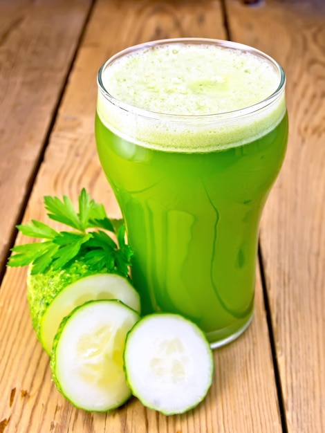 Cucumber juice in a tall glass cucumbers and parsley on a wooden boards background