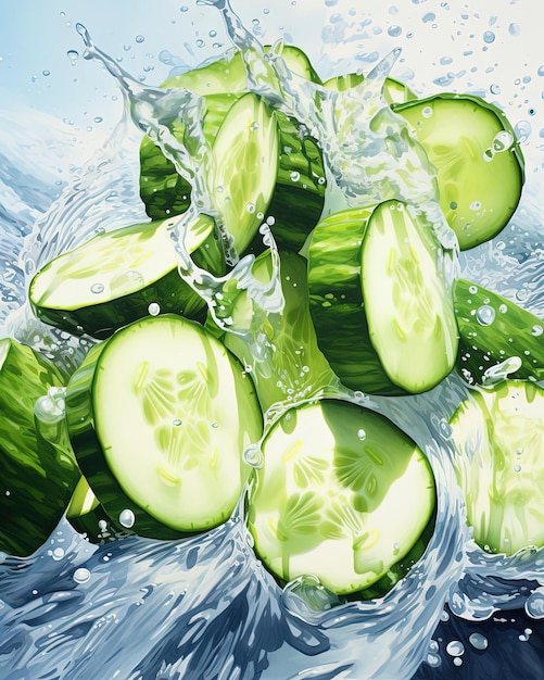 cucumber pieces tossed into water and splash in the style of fine lines