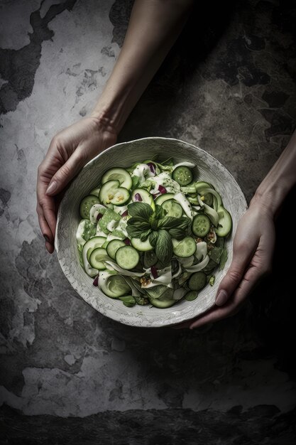 Cucumber Salad on a marble table with two hands holding Illustrator AI Generative