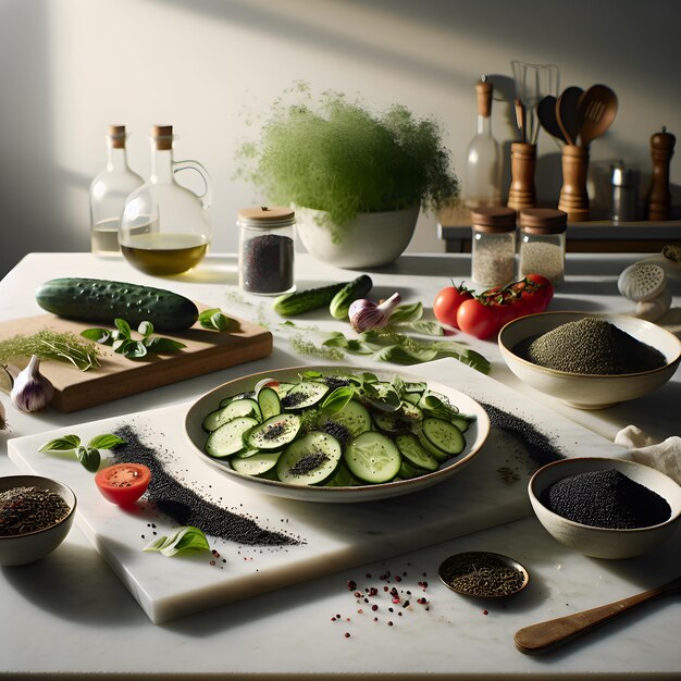 Photo cucumber salad with herbs on marble kitchen counter