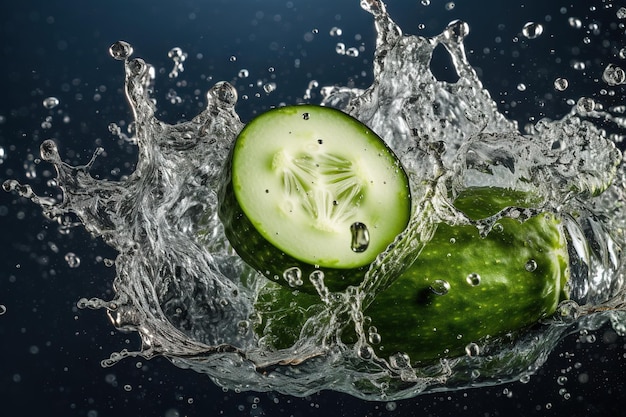 Cucumber slice in the water with water splashing around it