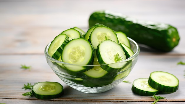 Cucumber slices in a bowl on a wooden table