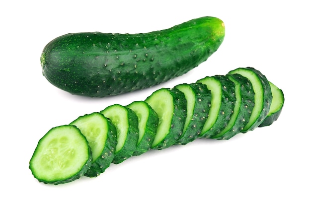 Cucumber and slices isolated on white background.