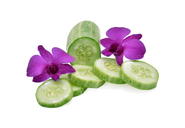 Cucumber and slices isolated over white background.