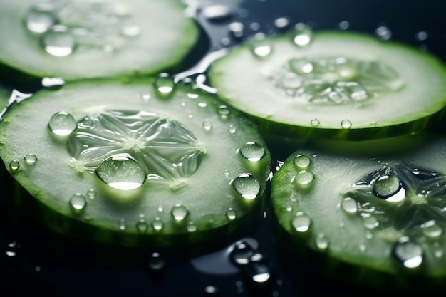 Cucumber slices with water drops on them on a dark surface.