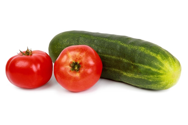 Cucumber and two tomatoes isolated on white background