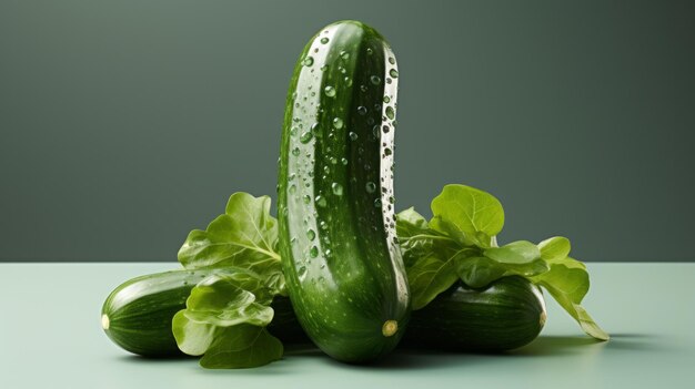 A cucumber with leaves on table