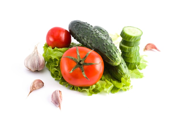 Cucumber with tomatoes on a white background. Vegetables  on a white background. Fresh multicolored vegetables on a white background.