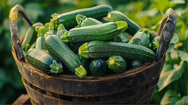 cucumbers are grown in a basket on a table