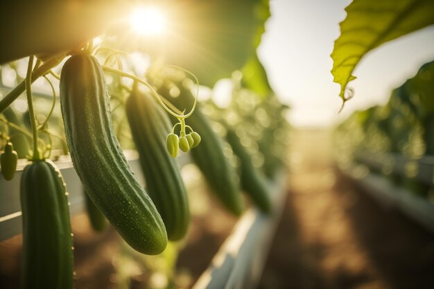 Cucumbers in the greenhouse sunshine rays Generative AI