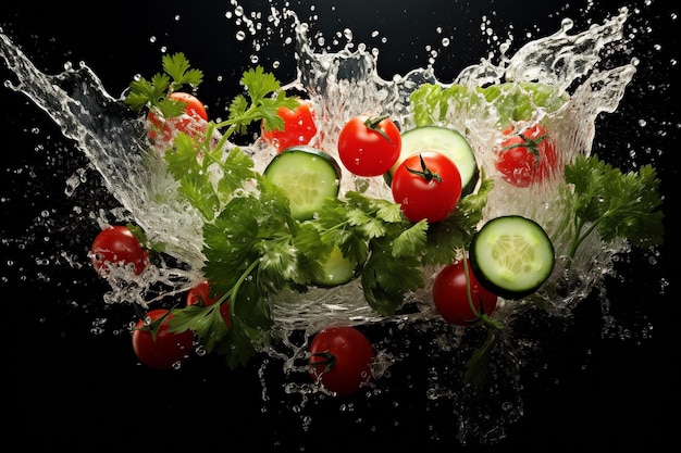 Cucumbers tomatoes and greens