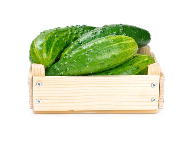 Cucumbers in a wooden box isolated on white background
