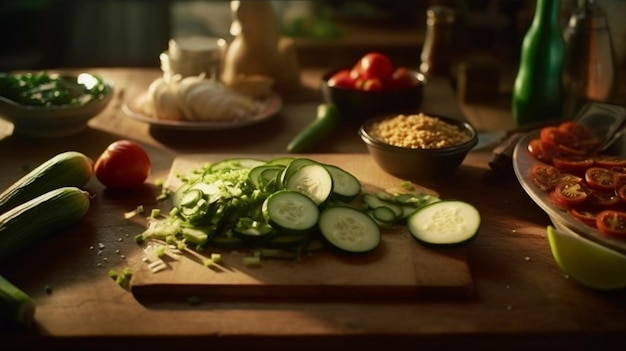 Cucumbers on a wooden cutting board in the kitchen Healthy food concept