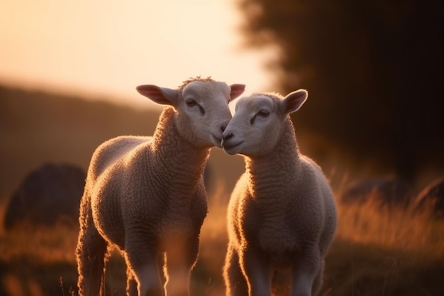 Cuddling time for two young lambs standing face to face in the gentle light of the Golden hour