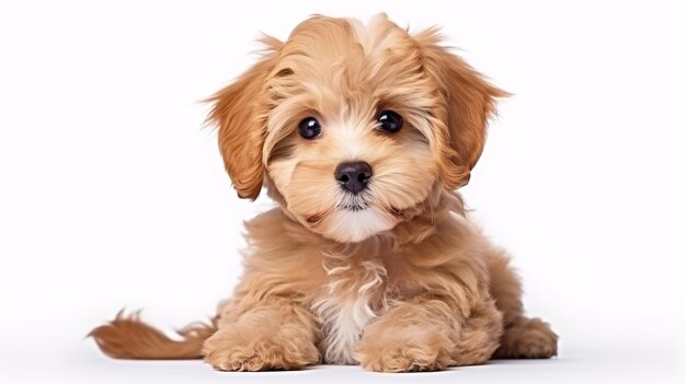 Photo a cuddly maltipoo pup striking a pose on a pristine white backdrop