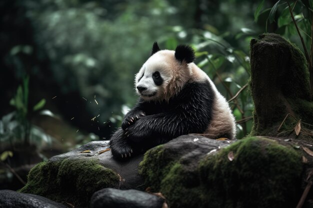 Cuddly panda hugs branch amid bamboo grove generative IA