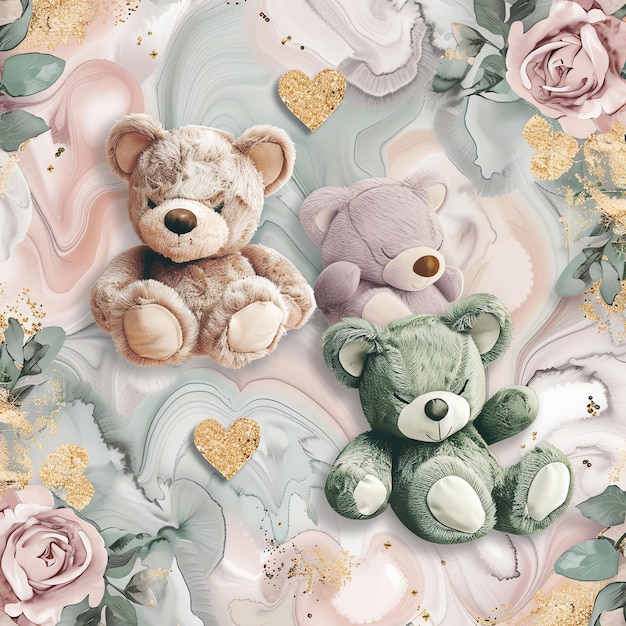 Cuddly Teddy Bears with Hearts flower pattern marble