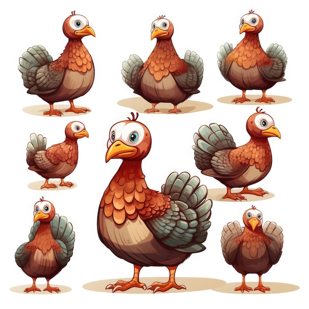 Cuddly Turkey Adorable Illustration Character Set geïsoleerd op witte achtergrond