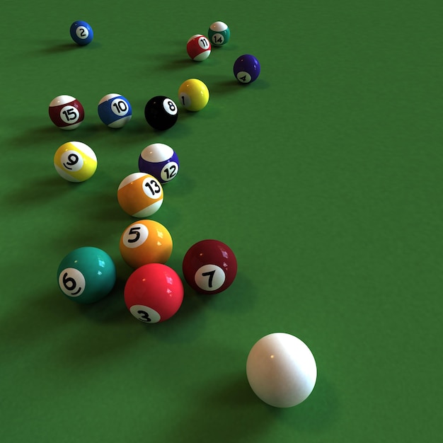 Photo cue ball and all numbered billiard balls against a green felt table